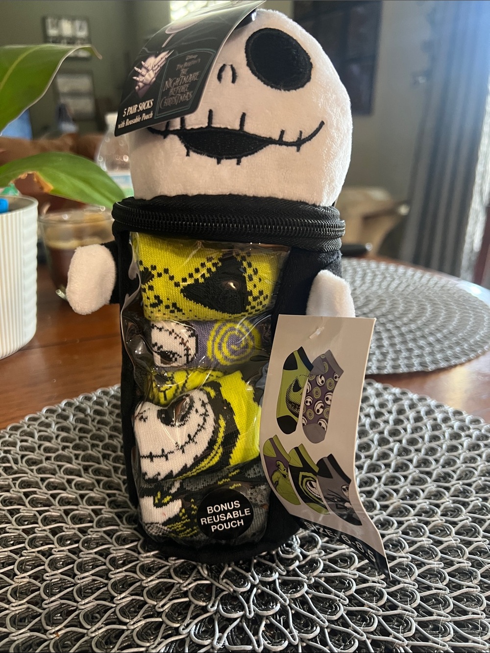 Jack Skellington Plush Sock Set in White, Black & Neon Green